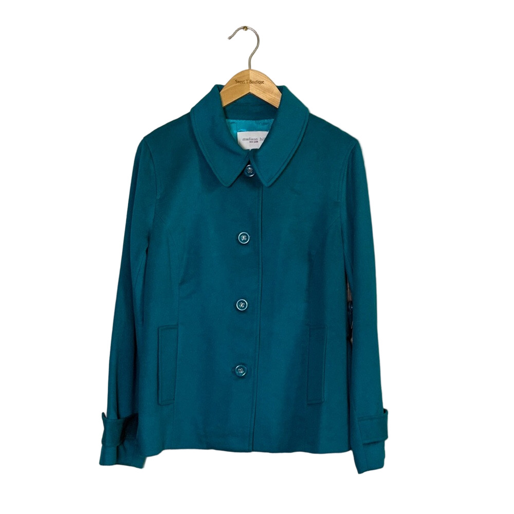 MADISON HILL New York Size 12 Bright Teal Wool Blend Pea Coat New‎ Quiet Luxury